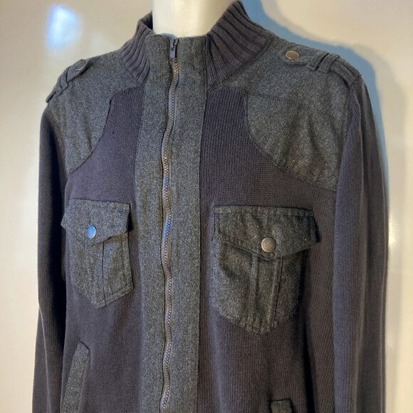 Paper Denim & Cloth SZL Mens Dark gray zip front sweater flannel details office - Picture 2 of 13